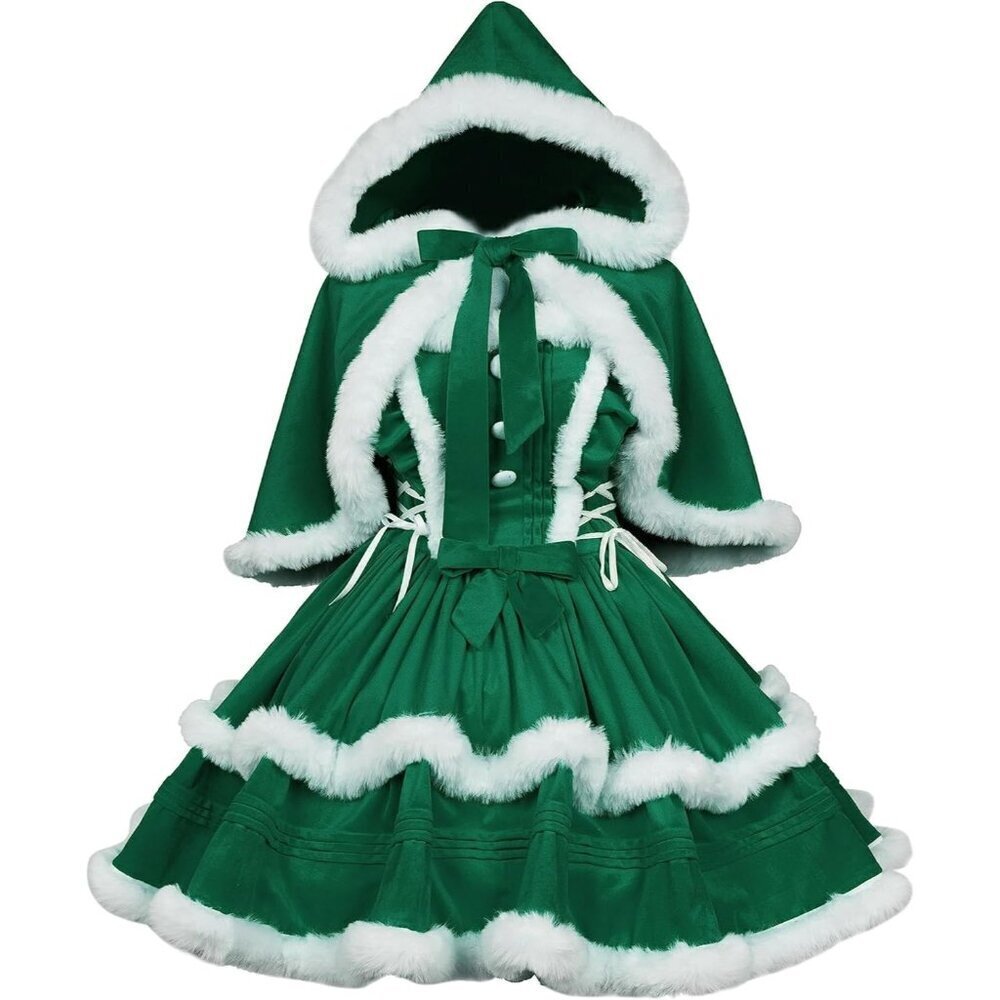 🆕Womens Green Christmas Santa Outfit Cute Lolita Holiday Party Dress